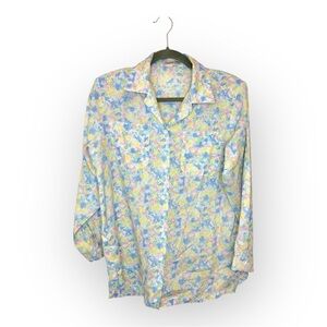 Vintage Pastel Floral Button-Down Shirt Selendang Sutera Blouse Medium